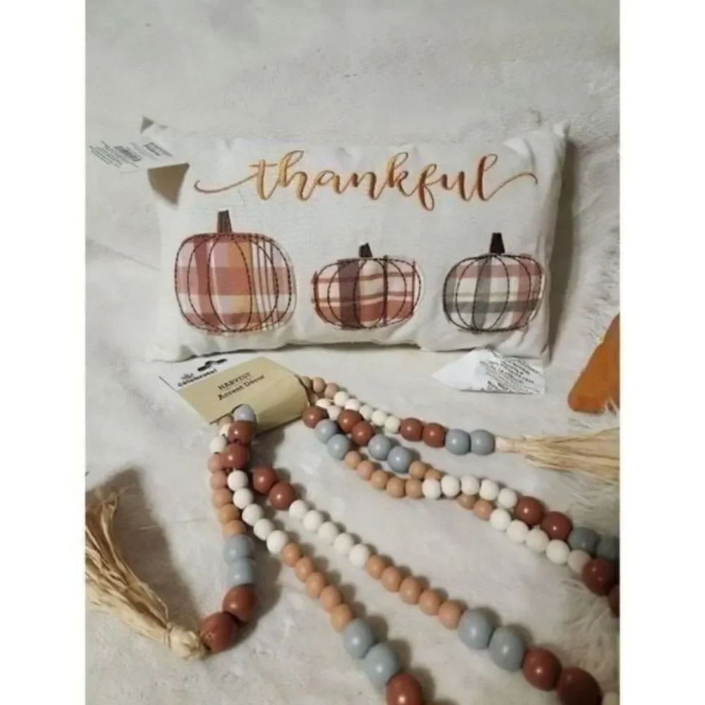 NWT Fall/harvest pumpkin decorative pillows set of 2 and wooden beads garland
